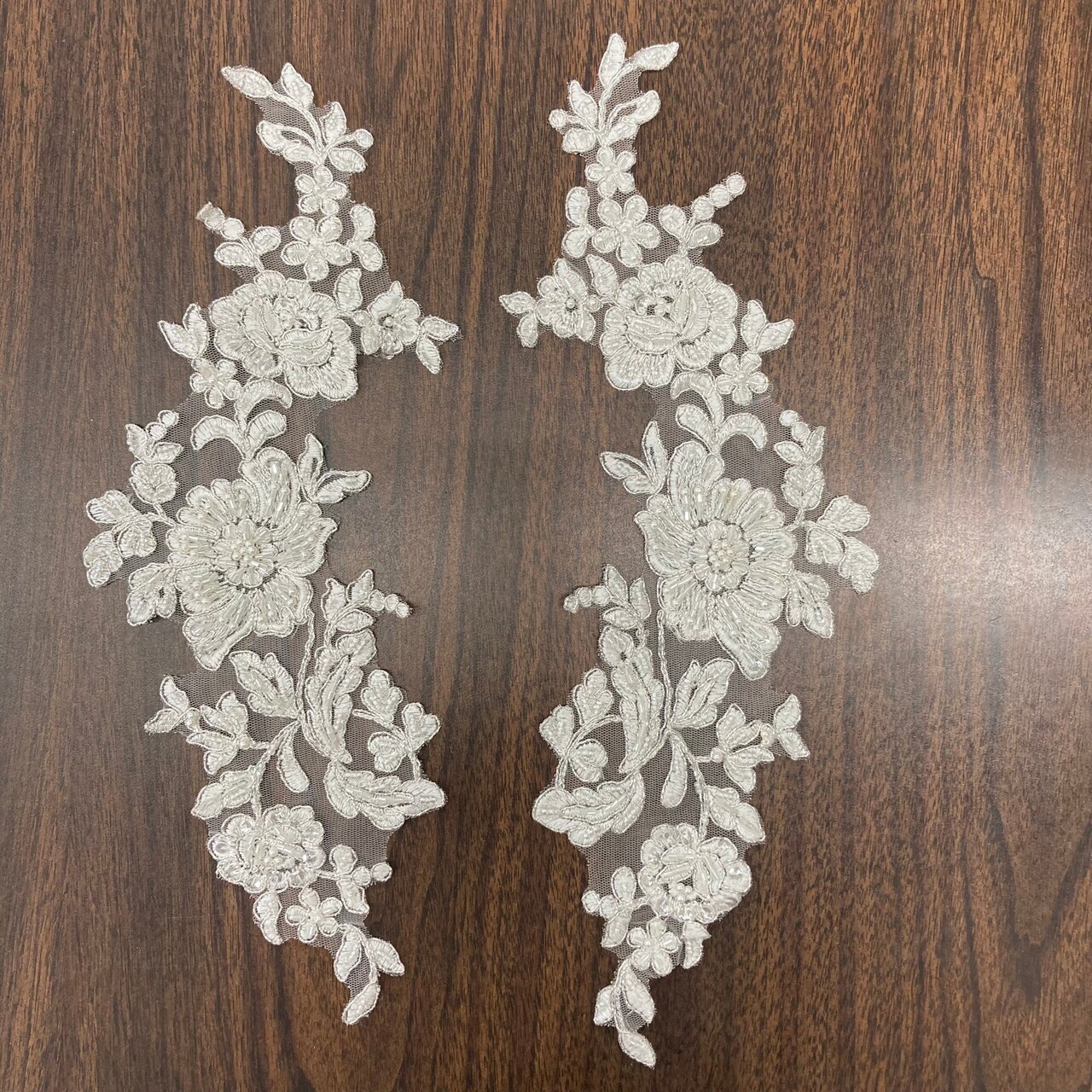 1 Pair Beaded & Corded Floral Lace Applique on 100% Polyester Net Mesh 13" x 3" Each Side